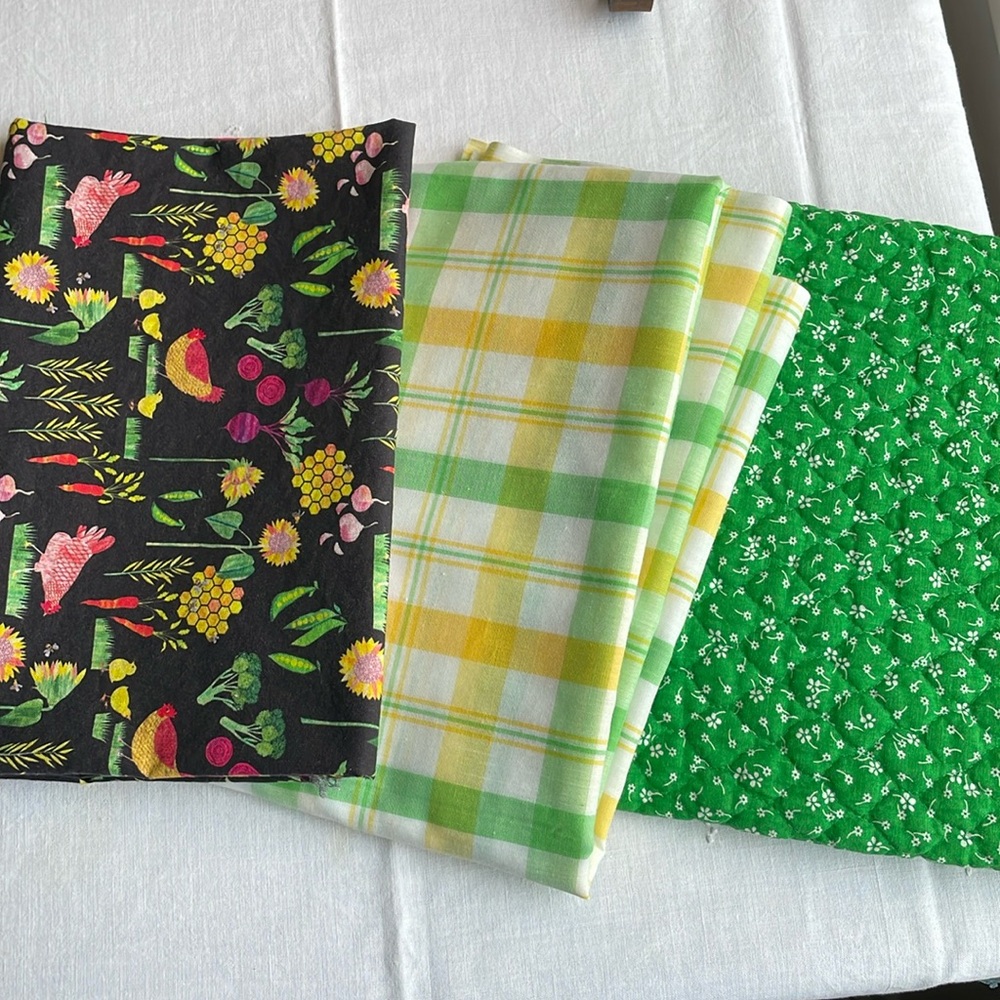 Fabric remnants, 3 pieces, cotton/cotton blend, springtime and farm motif